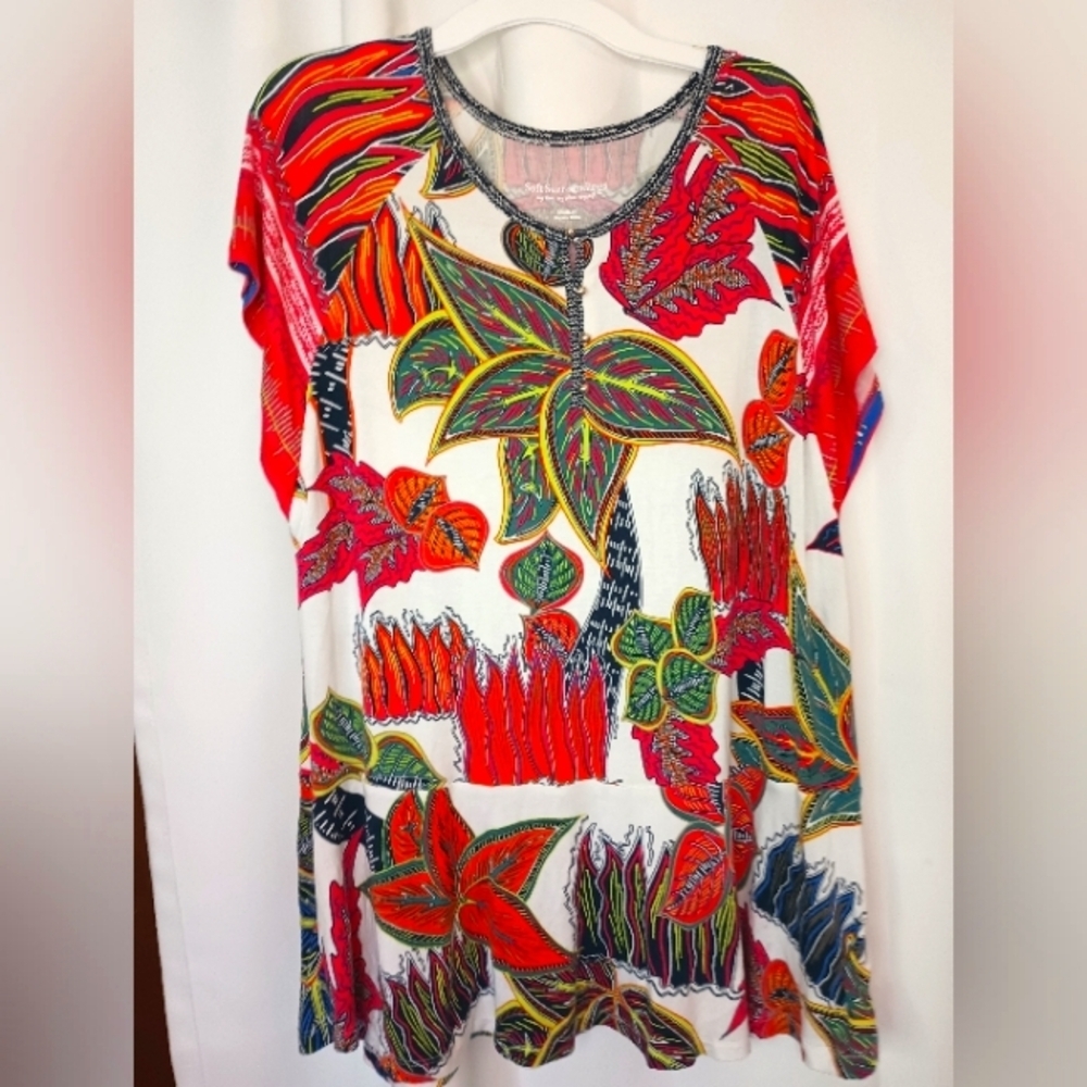 Soft Surroundings Jersey Knit Tunic Top Med Short Sleeve Multicolor Floral